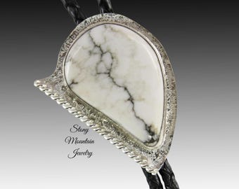 Wedding Bolo Tie, Sterling Silver Designer Bolo Tie, Handcrafted Howlite Bolo Tie, Unique Custom Bolo Tie, Similar to White Buffalo