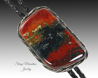 Unique Handcrafted Designer Bolo Tie, Large One of a Kind Bloodstone Bolo Tie for Men & Women, Custom Sterling Silver Wedding Bolo Tie