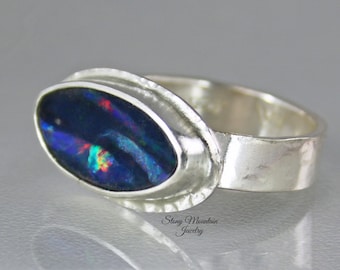 One of a Kind Australian Opal Ring, Handmade Genuine Opal Ring, Unique Sterling Silver Natural Blue Boulder Opal Cocktail Ring