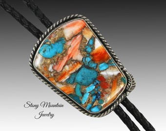 Turquoise Bolo Tie, Custom Handcrafted Wedding Bolo Tie, Kingman Turquoise & Spiny Oyster Stone Bolo Tie for Men or Women