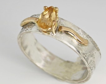 Imperial Topaz Ring, Genuine Precious Topaz Mixed Metal Ring, Rare Ouro Preto Imperial Topaz Engagement Ring, November Birthstone Size 7.5