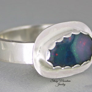 Australian Boulder Opal Ring, Handmade Genuine Australian Opal Ring, Unique Sterling Silver Natural Blue Opal Cocktail Ring