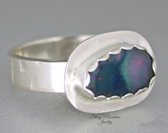 Australian Boulder Opal Ring, Handmade Genuine Australian Opal Ring, Unique Sterling Silver Natural Blue Opal Cocktail Ring