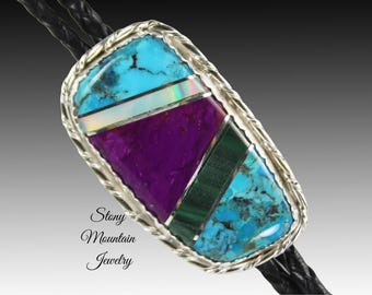 Turquoise Inlay Bolo Tie with Sugilite Malachite & Opal, Custom Designer Wedding Bolo Ties for Men or Women, Unique Gift, Fathers Day Gift