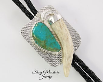 Antler Bolo Tie with Kingman Turquoise, One of a Kind Handmade Natural Shed Deer Antler Bolo Ties for Men & Women, Unique Western Bolo Tie