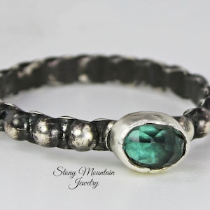 Patinated Sterling Silver Green Tourmaline Solitaire Ring, Unconventional Stacker Band, Unique Gift