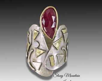 Rose Cut Ruby Ring, One of a Kind Large Ruby Cocktail Ring, Contemporary Jewlry, Modern Mixed Metal Designer Ring Unique Wide Statement Ring