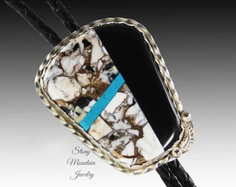 Custom Inlay Bolo Tie, Designer Bolo Tie with White Buffalo Matrix, Turquoise & Black Jade, One of a Kind Wedding Bolo Tie, Great Gift
