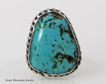 Kingman Turquoise Ring, Large Turquoise Ring, Handmade Modern Sterling Silver Wide Band Turquoise Statement Ring