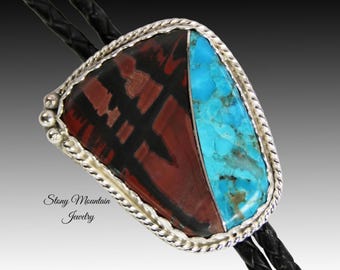 Custom Inlay Bolo Tie, Designer Bolo Tie with Paint Jasper, Turquoise & Sterling Silver, One of a Kind Wedding Bolo Tie, Western Gift