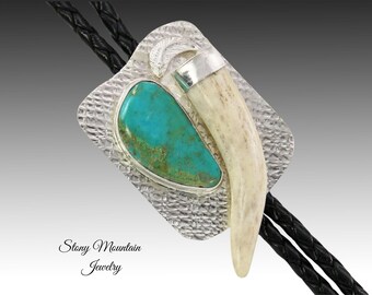 Antler Bolo Tie with Kingman Turquoise, One of a Kind Handcrafted Natural Shed Deer Antler Bolo Ties for Men & Women Unique Western Gift