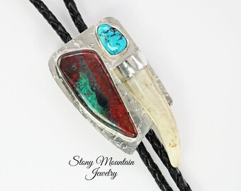 Antler Bolo Tie with Sonoran Turquoise & Sonoran Sunset, One of a Kind Handmade Natural Shed Deer Antler Bolo Ties for Men and Women