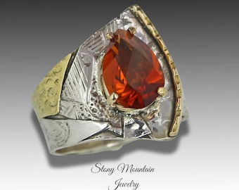 Unique Rio Grande Citrine Ring, Contemporary Mixed Metal Mine Cut Dark Citrine Ring, Wide Sophisticated Gemstone Cocktail Ring