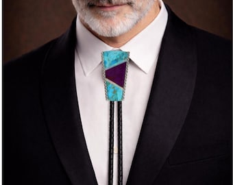 Turquoise Inlay Bolo Tie, Custom Designer Bolo Tie with Kingman Turquoise, Sugilite & Aurora Opal, One of a Kind Wedding Bolo Tie