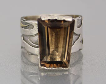 Smokey Topaz Ring, Modern Mixed Metal 8ct Topaz Designer Ring, Contemporary Handmade Anniversary Gift for Her, Unique Ring Size 8