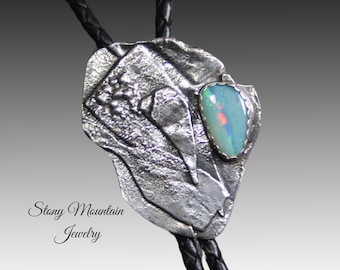 Sterling Silver Bolo Tie, Unique Sculptural Wedding Bolo Tie, One of a Kind Handcrafted Modern Custom Boulder Opal Bolo Tie for Men & Women