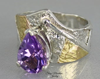 One of a Kind Amethyst Ring, Contemporary Artistic Mixed Metal Wide Purple Amethyst Ring, Elegant Designer Cocktail Ring, Great Gift for Her