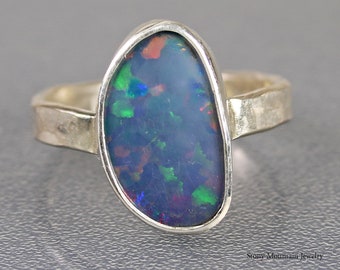 Australian Boulder Opal Ring, Handmade Genuine Australian Opal Ring, Unique Natural Blue Opal Statement Ring, Silver Opal Cocktail Ring