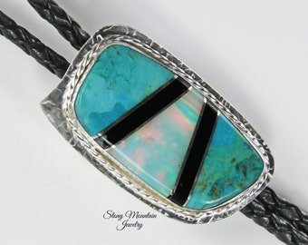 Turquoise Inlay Bolo Tie with Aurora Opal & Black Agate, Unique Custom Wedding Bolo Ties for Men or Women, One of a Kind Handmade Bolo Tie