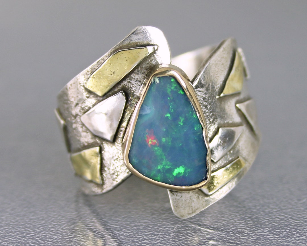 Australian Opal Ring, Modern Mixed Metal Opal Cocktail Ring ...