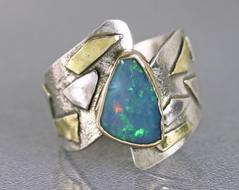 Australian Opal Ring, Modern Mixed Metal Boulder Opal Cocktail Ring, Large Contemporary One of a Kind Designer Ring, Elegant Wide Opal Ring