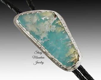Turquoise Bolo Tie, Unique Turquoise & Feather Ridge Agate Custom Wedding Bolo Tie, Handcrafted Sterling Silver Bolo Tie for Men or Women