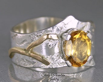 Genuine Citrine Ring, Unique Modern Golden Citrine Mixed Metal Ring, Artistic Elegant Sterling Silver & Gold Cocktail Ring