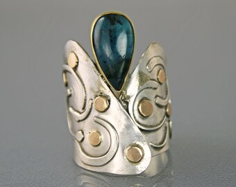 Unique Modern Indicolite Tourmaline Designer Ring, Contemporary Jewelry, Mixed Metal Gemstone Ring, One of a Kind Wide Cocktail Ring