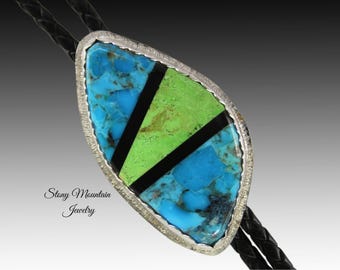 Custom Turquosie Inlay Bolo Tie, Designer Bolo Tie with Gaspiete, Turquoise & Black Jade, One of a Kind Wedding Bolo Tie, Fathers Day Gift
