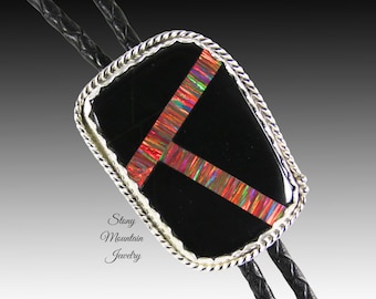 Custom Inlay Bolo Tie, Designer Bolo Tie Black Jade & Bello Opal, One of a Kind Wedding Bolo Tie, Fathers Day Gift