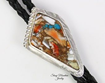 Spiny Oyster & Kingman Turquoise Bolo Tie for Men or Women, Custom Wedding Bolo Ties, Handmade Sterling Silver Western Bolo Tie