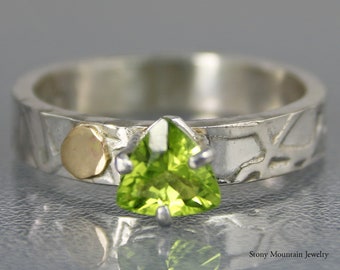 Genuine Peridot Ring, Handmade Trillion Cut Peridot Mixed Metal Ring, Unique Contemporary Silver & Gold Peridot Ring
