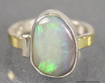 Australian White Opal Ring, Mixed Metal Boulder Opal Ring, Unique Handmade Mintabie Opal Ring, Green Fire White Opal Cocktail Ring