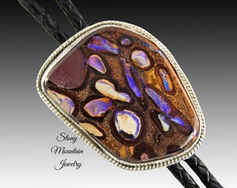 Australian Opal Bolo Tie, Custom Handcrafted Wedding Bolo Tie, Modern Sterling Silver Boulder Opal Designer Bolo Tie for Men or Women