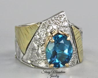 London Blue Topaz Ring, One of a Kind Blue Topaz Ring, Contemporary Artistic Mixed Metal Wide London Topaz Ring, Elegant Cocktail Ring