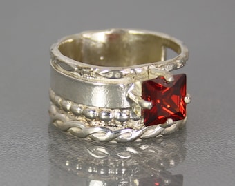 Pomegranate Red CZ Gemstone Ring, Modern Handmade Designer Ring, Unique Ring Size 7.25