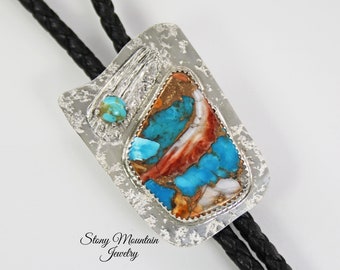 Spiny Oyster & Kingman Turquoise Bolo Tie for Men or Women, Custom Wedding Bolo Ties, Handmade Sterling Silver Western Bolo Tie