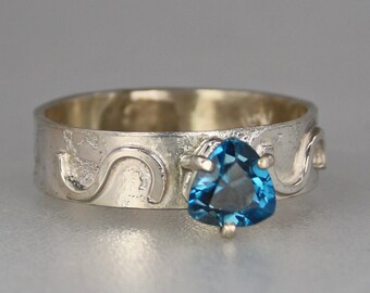 Genuine London Blue Topaz Ring, Trillion Cut London Topaz Desinger Ring, Contemporary Sterling Silver Blue Topaz Ring