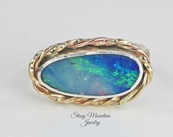 Mixed Metal Australian Boulder Opal Ring, Handmade Sterling Silver & 14kt Gold Fill Modern Opal Cocktail Ring, Australian Blue Opal Ring