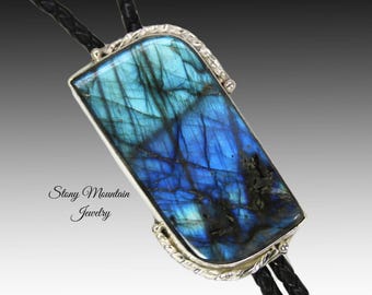 Unique Designer Bolo Tie, Flashy Labradorite Bolo Tie for Men or Women, Custom Wedding Bolo Tie, Sterling Silver Bolo Tie, Fathers Day Gift