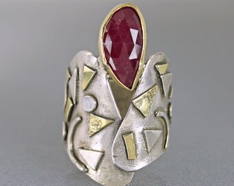 Contemporary Rose Cut Ruby Designer Ring, Modern Mixed Metal Gemstone Ring, One of a Kind Cocktail Ring, Unique Large Wide Statement Ring