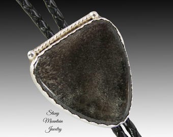 Wedding Bolo Tie, Sterling Silver Designer Bolo Tie, Handcrafted Silver Sheen Obsidian Bolo Tie for Men and Women