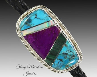 Turquoise Inlay Bolo Tie with Sugilite Malachite & Opal, Custom Designer Wedding Bolo Ties for Men or Women, Unique Gift, Fathers Day Gift
