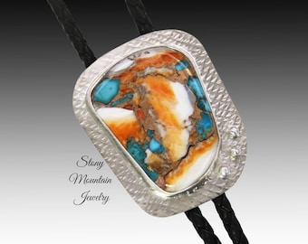 Custom Spiny Oyster Turquoise Bolo Tie in Nickel Silver, Unique Handcrafted Wedding Bolo Tie