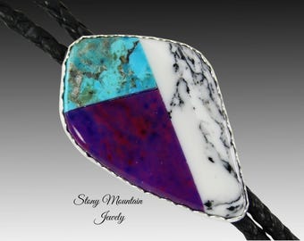 Turquoise Inlay Bolo Tie with Faux White Buffalo and Faux Sugilite, Custom Sterling Silver Wedding Bolo Tie, Unique Stone Designer Bolo Ties