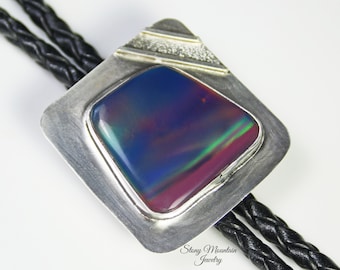 Designer Bolo Tie Unique Custom Wedding Bolo Tie, Handmade Aurora Opal Bolo Tie for Men or Women, One of a Kind Sterling Silver Bolo Tie