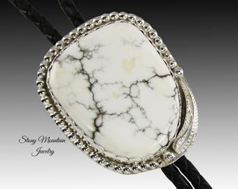 Wedding Bolo Tie, Sterling Silver Designer Bolo Tie, Handcrafted Howlite Bolo Tie, Unique Custom Bolo Tie, Similar to White Buffalo