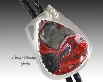 Agate Bolo Tie, Unique Handcrafted Bolo Tie for Men or Women, Custom Crazy Lace Agate Bolo Tie, Sterling Silver Bolo Ties, Wedding Bolo Tie