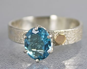 Genuine London Blue Topaz Ring, Contemporary Mixed Metal Blue Topaz Designer Ring, November Birthstone Ring