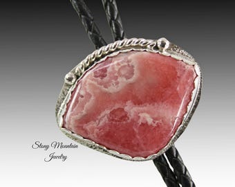 Wedding Bolo Tie, Unique Rhodochrosite Bolo Tie for Men or Women, Handmade Custom Bolo Tie, Modern Sterling Silver & Stone Bolo Tie